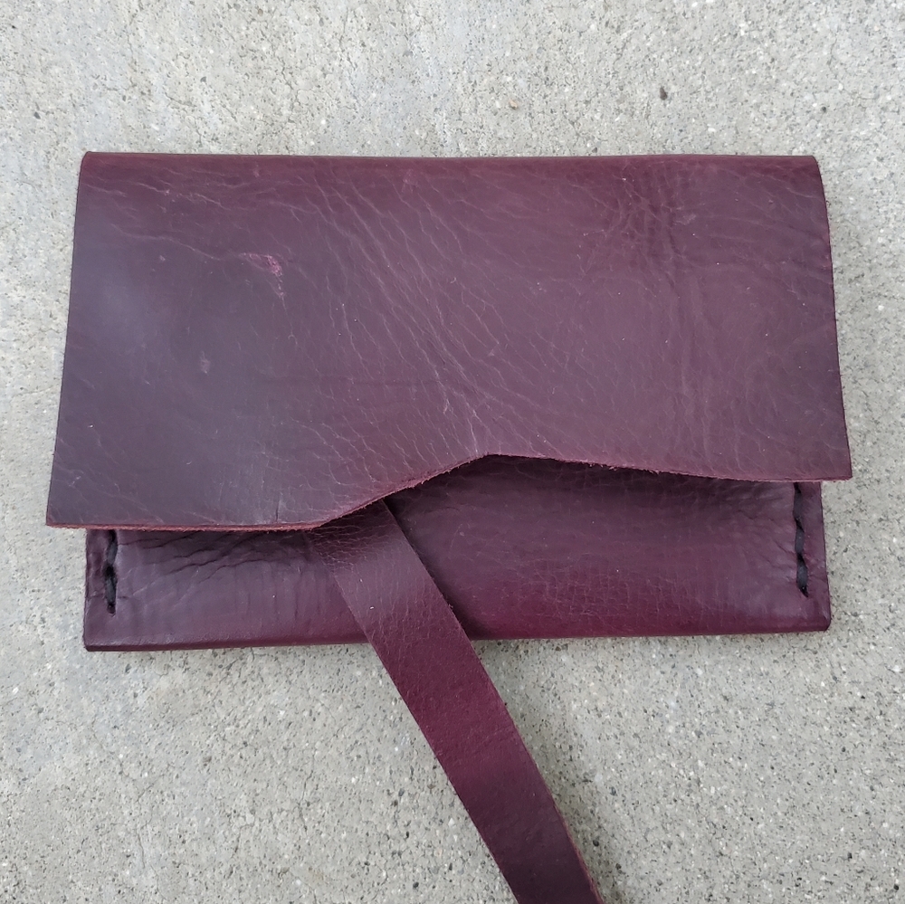 Burgundy Violet Leather Tie Wallet Handmade/ Hand Stitched New 2 Compartments
